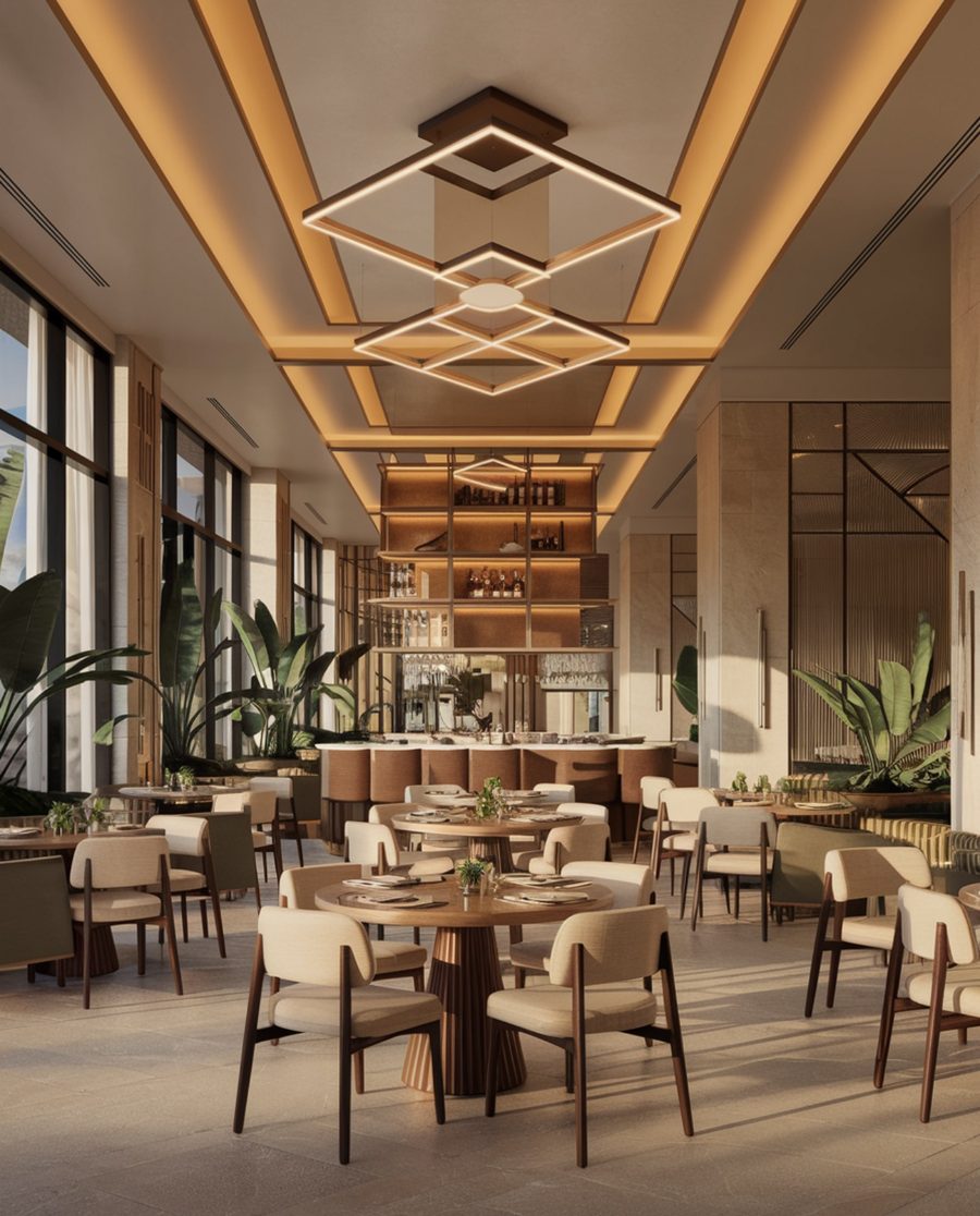 Upscale restaurant dining room with a marble bar, geometric bronze pendant lighting and tropical plants